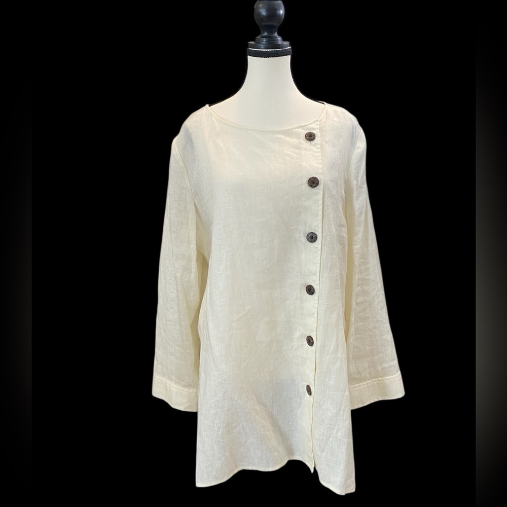 Jones New York Pale Yellow Asymmetrical 100% linen Button-Down Shirt Tunic M